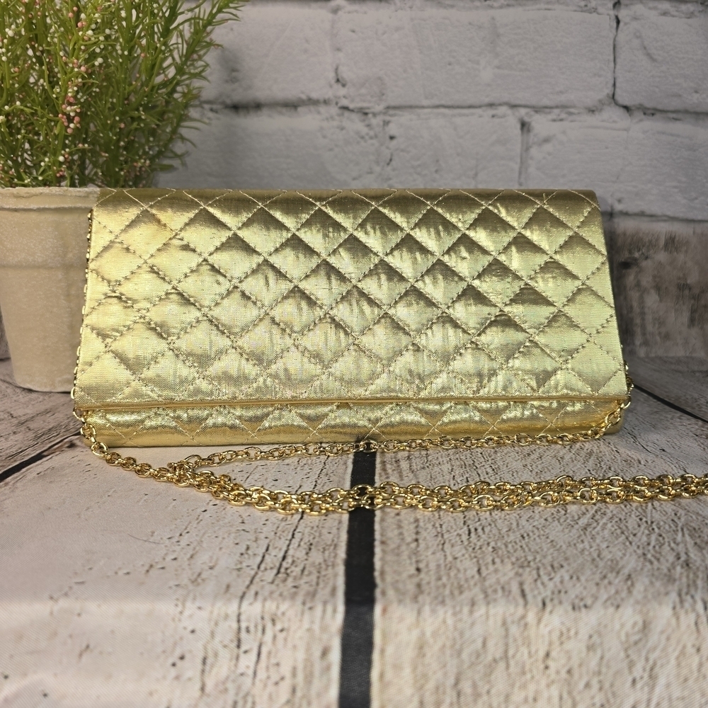 Sophistique Quilted Gold Mettalic Clutch Purse With Chain Strap Party Formal Euc